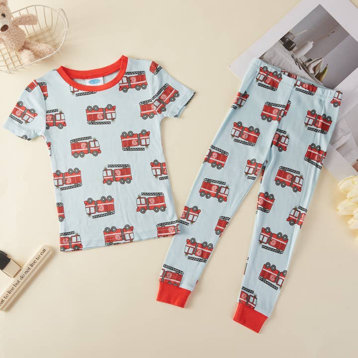 Fire Engine Bamboo Short Sleeve Kids Pajama Pants Set for wholesale by Lollipop Dreams