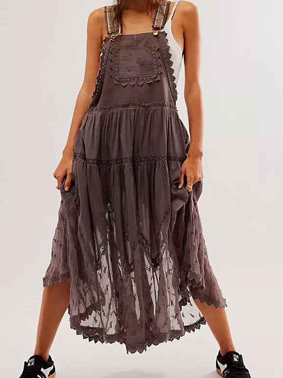 Rosa Clothing - Wholesale Overalls - Women's - Bohemian Flowy Lace tiered Bib Maxi Dress