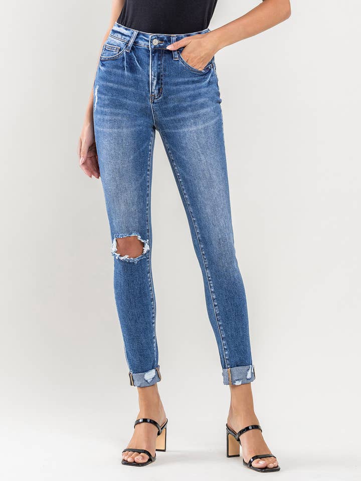 JEANS SKINNY A VITA ALTA CON DOPPIO RISVOLTO CORTO per la vendita all'ingrosso da parte di VERVET by FLYING MONKEY