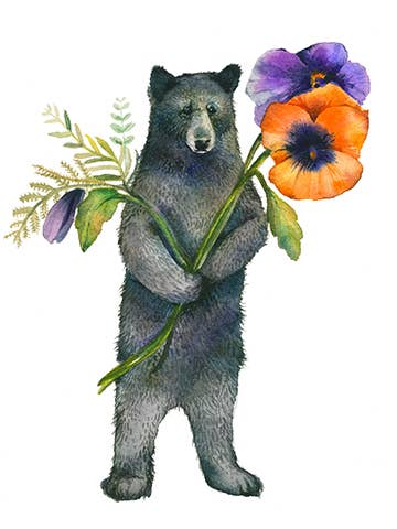 Bear with Pansies - Artist: Amber Alexander - GAA117 for wholesale by Masala Cards