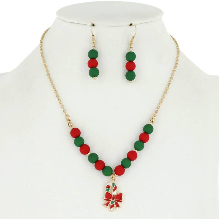 Candy Cane and Bow Pendant Necklace and Bead Earring Set for wholesale by SP Sophia Collection