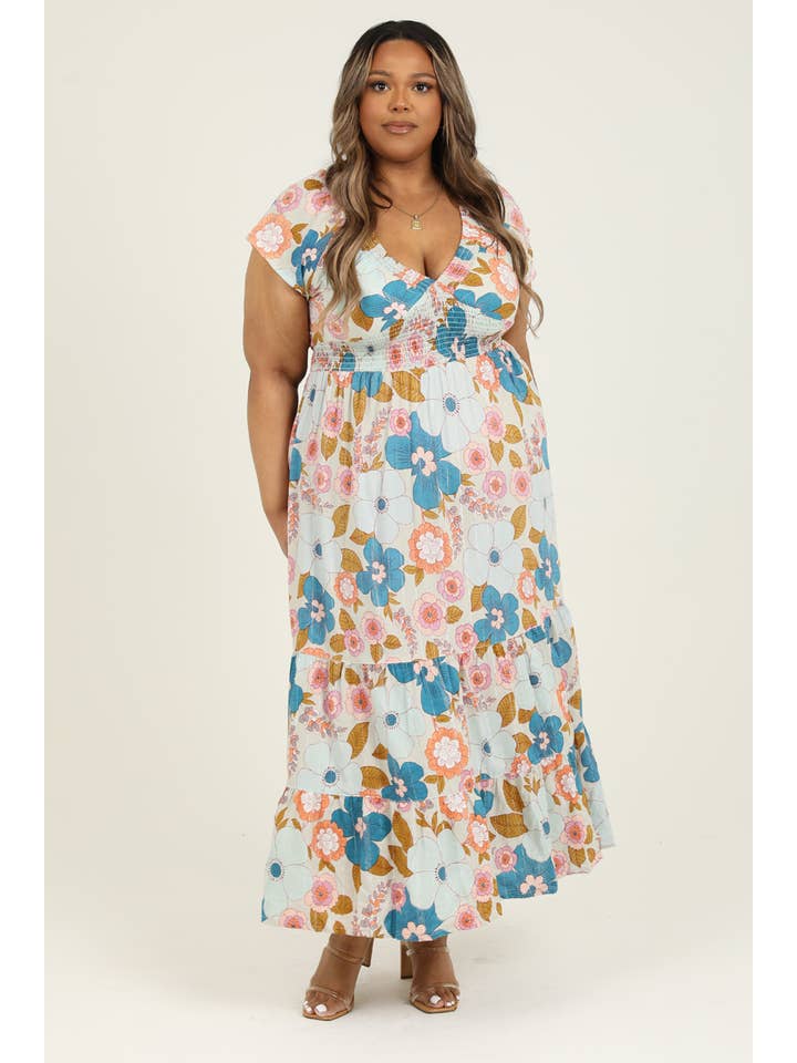 ANGIE - Wholesale Dress - Women's - F9K03-FQ94 V NECK SMOCKED WAIST LUREX THREADS MAXI DRESS