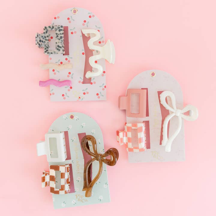 Rock Paper Scissors - Wholesale Hair Accessories Set - Women's - Pink Bow and Checkered Claw Hair Clip Set