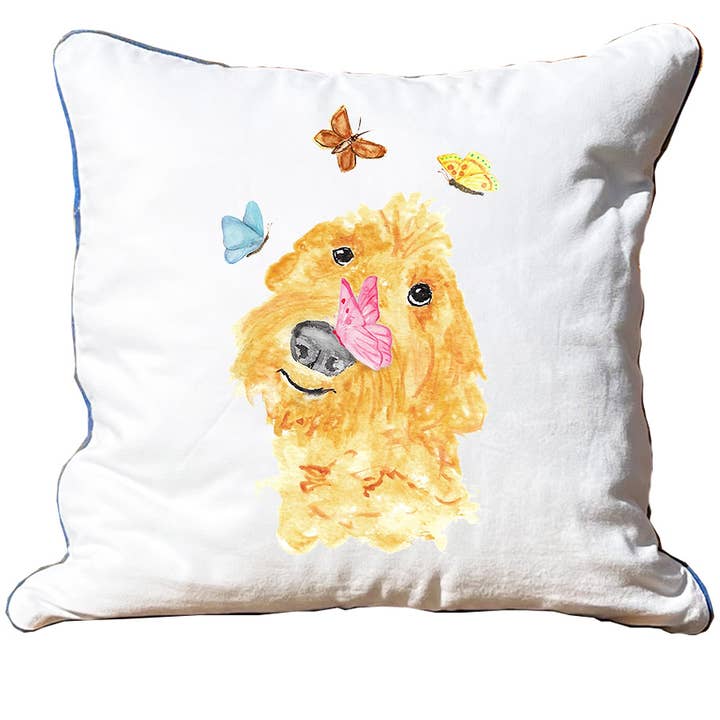 Doodle Dog mit Schmetterlingen Weißes quadratisches Kissen mit Paspelierung für den Großhandel von Knollwood Lane