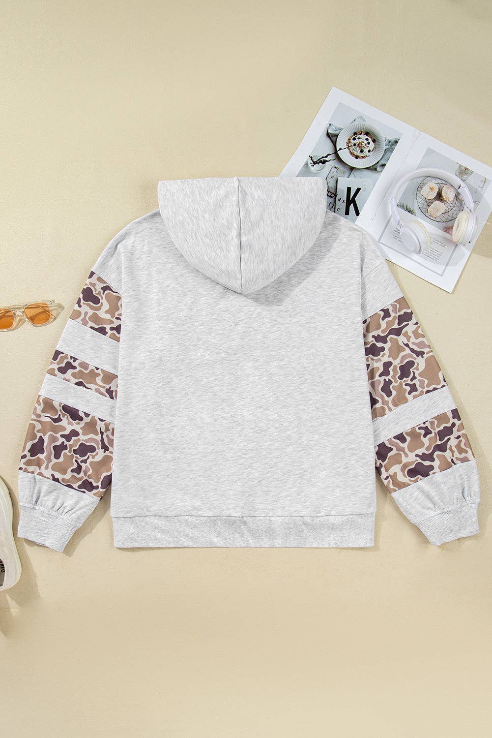 Light Grey Plus Size Camo Patchwork Asymmetric Sleeve Hoodie for wholesale on Faire1