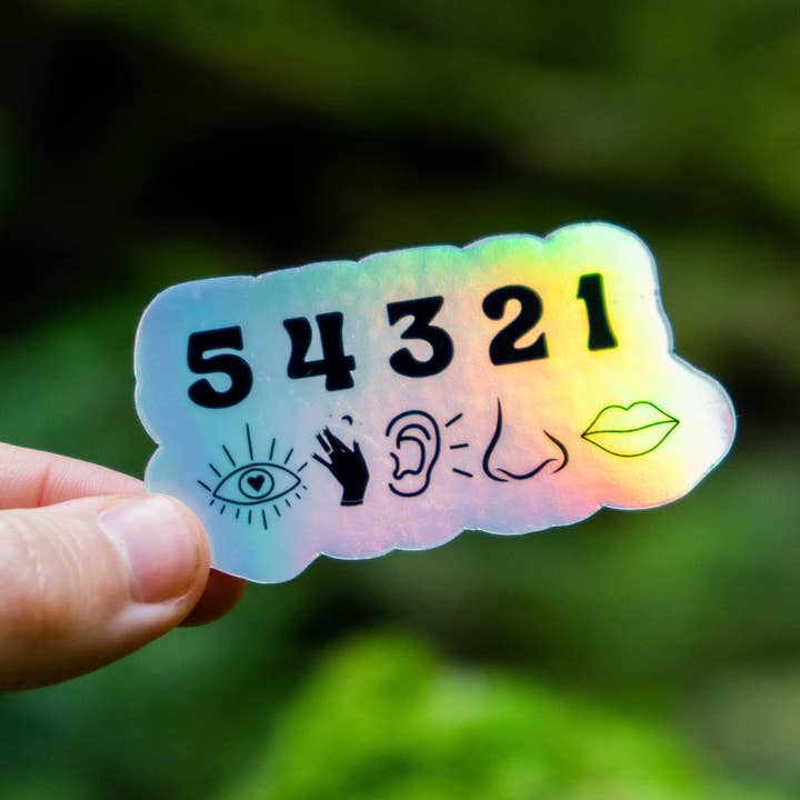 Mindful over Mind Full - Wholesale Sticker - Holographic 54321 Grounding Sticker | Therapy Sticker