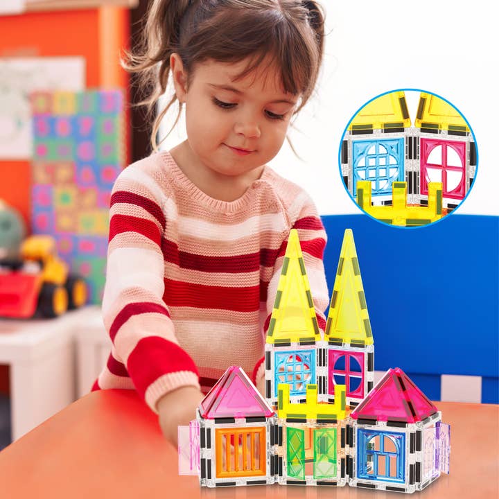 PicassoTiles - Wholesale Toy Set - Kids - Magnetic Tile With Winows And Doors Building Blocks - 61 Pcs