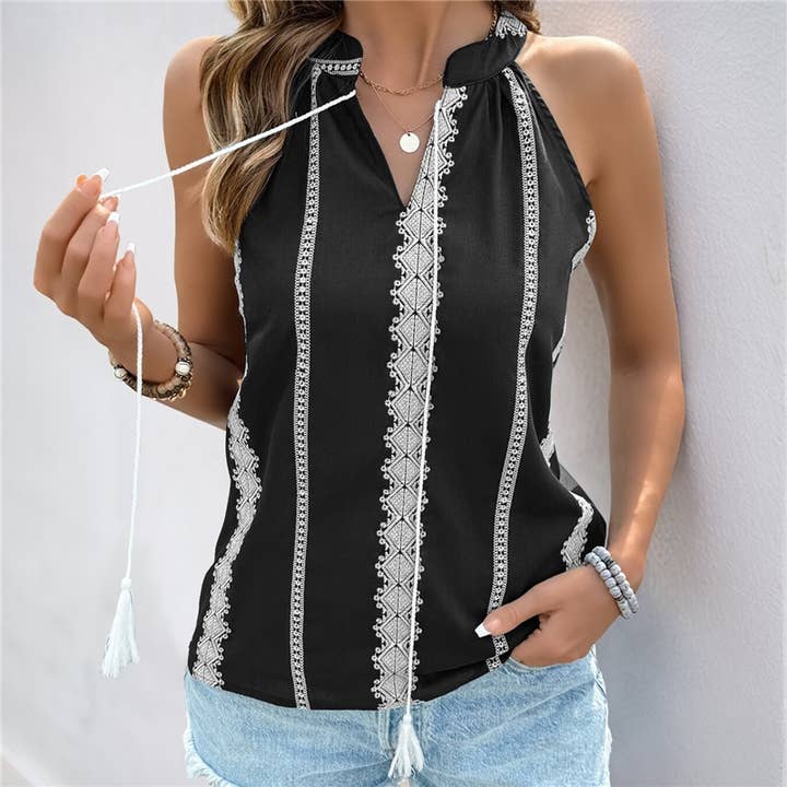 Sleeveless Tank Top With Tassel Straps And Floral Print for wholesale by UZ Wholesale Store