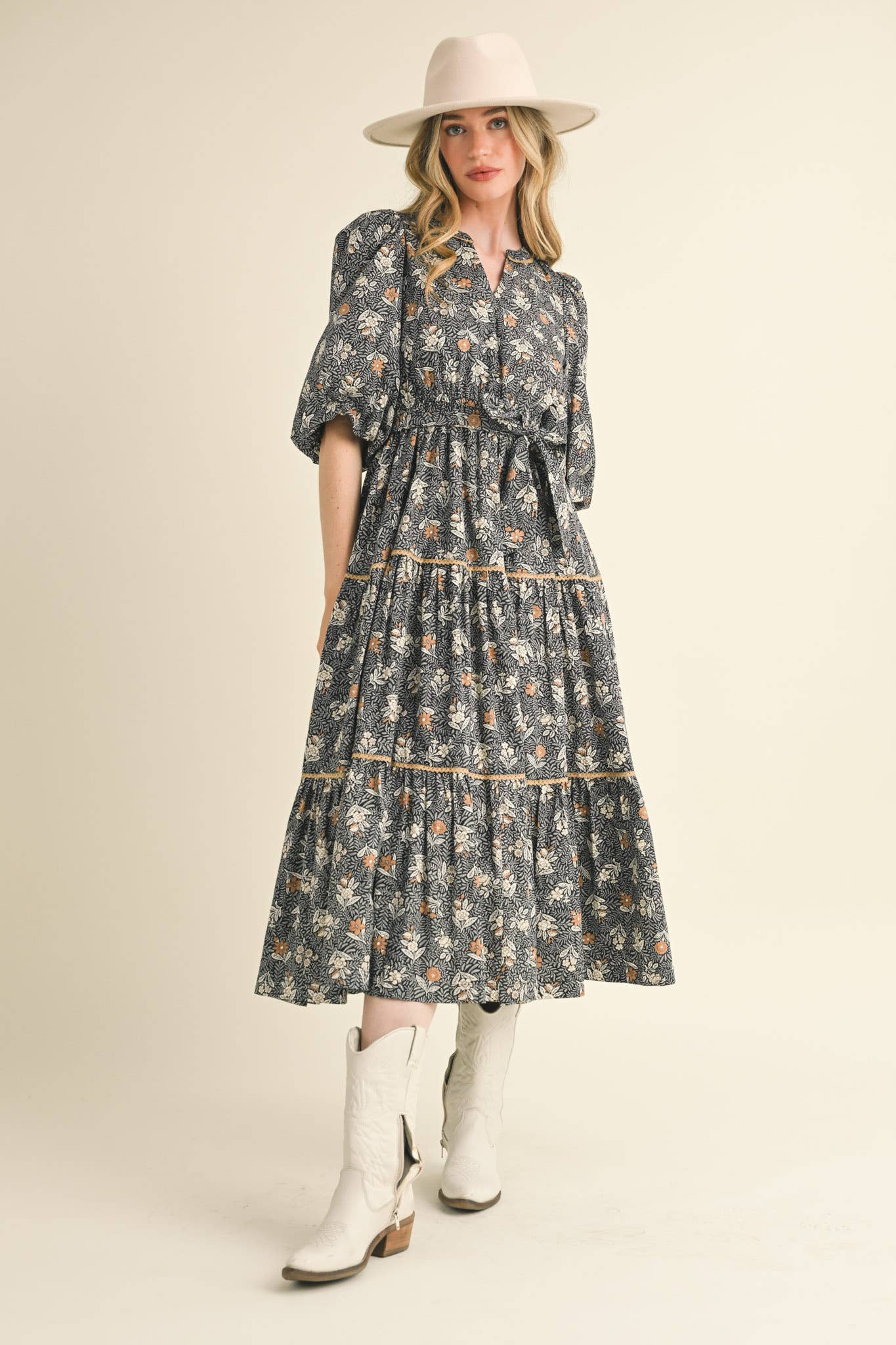 &MERCI - Wholesale Dress - Women's - BUBBLE SLEEVE LACE TRIM MIDI DRESS MDR34303