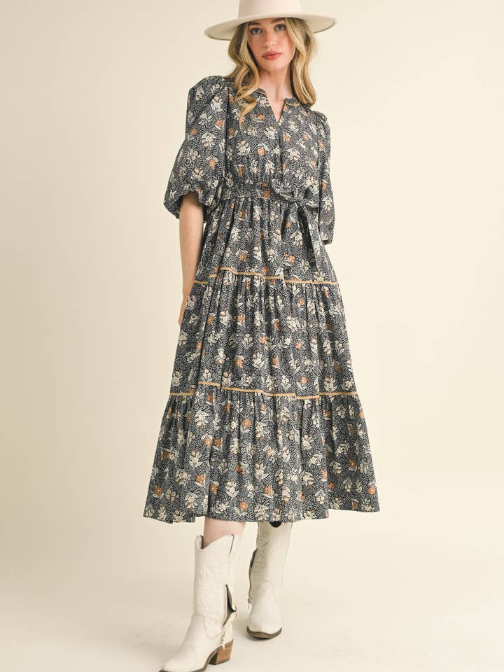 &MERCI - Wholesale Dress - Women's - BUBBLE SLEEVE LACE TRIM MIDI DRESS MDR34303