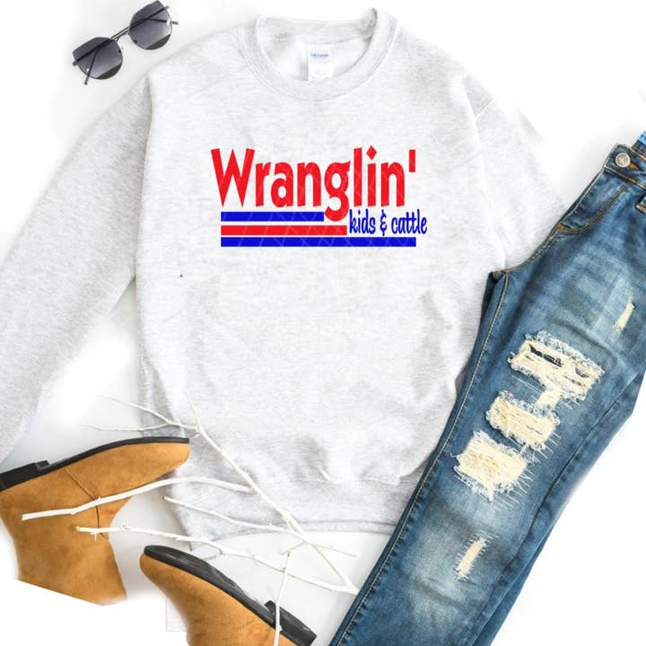 Wranglin Kids & Cattle w/ Red & Blue for wholesale by Blonde-Tee's