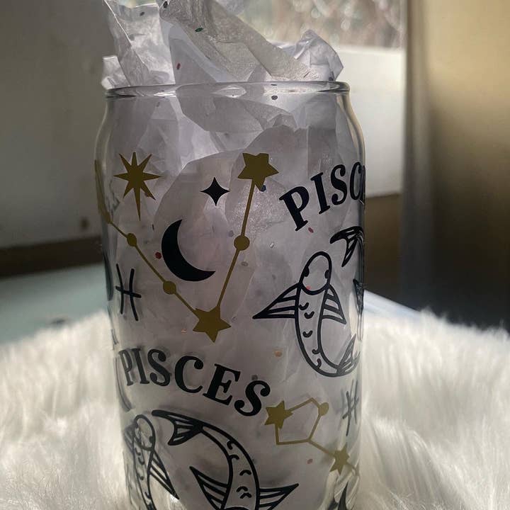 Creations by LMH – wholesale Drinking glass/cup – Pisces Zodiac Beer Can Glass, Pisces Can Glass