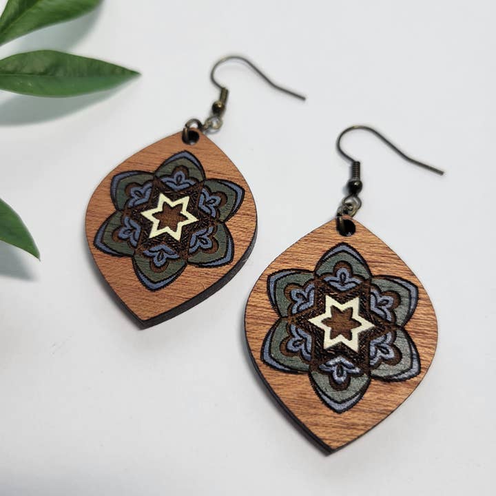 Mandala Teardrop Wood Earrings for wholesale by Elskas Designs