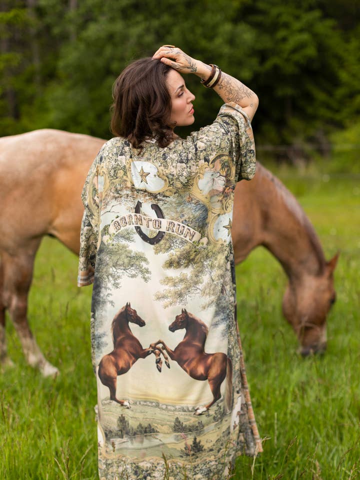 Born To Run Opera Duster Kimono Robe w/ Wild Horses & Floral for wholesale by Market of Stars (Worldwide)