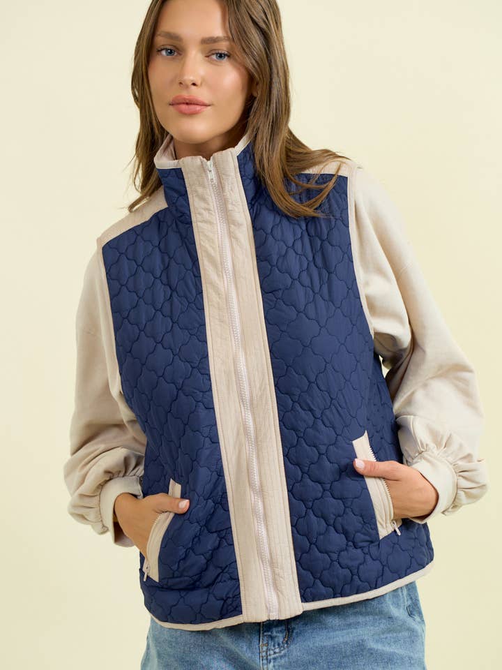HIGH NECK MIXED QUILTED VEST - 45143T for wholesale by Doe and Rae