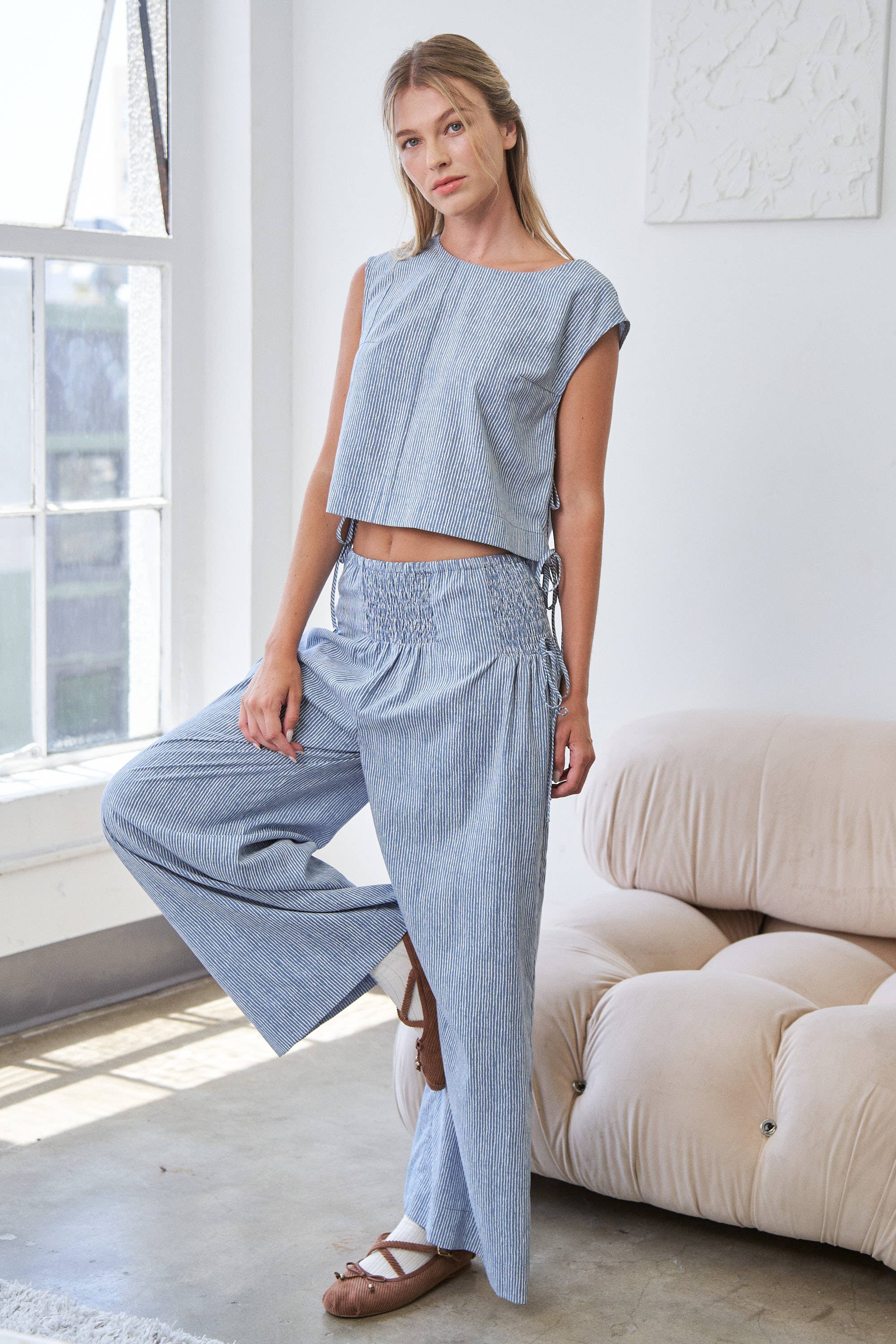 CANDESCENT - Wholesale Pants - Women's - Striped Wide Leg Smocked Pants (Matching Set)2