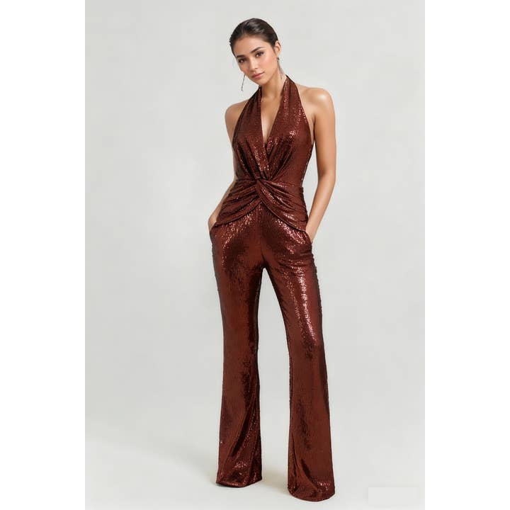 Combinaison de fête évasée taille haute à décolleté plongeant en sequins JP018 pour la vente par Productseeker