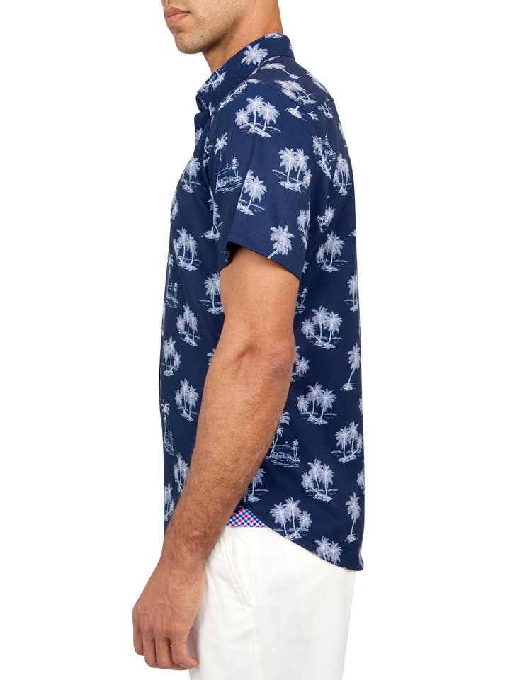 NAVY PALM TREES 4-WAY STRETCH RECYCLED SHORT SLEEVE SHIRT for wholesale on Faire
