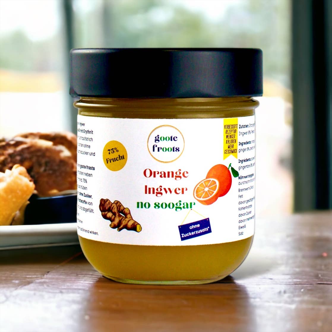 gootesfood -Die Food Manoofaktoor – Engroshandel Marmelade – Sukkerfri appelsin ingefær 75% frisk frugt pålæg3