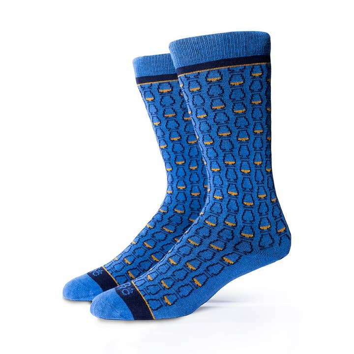 Whiskey Glasses Socks - Sky Blue + Navy for wholesale by Bourbon Cousins