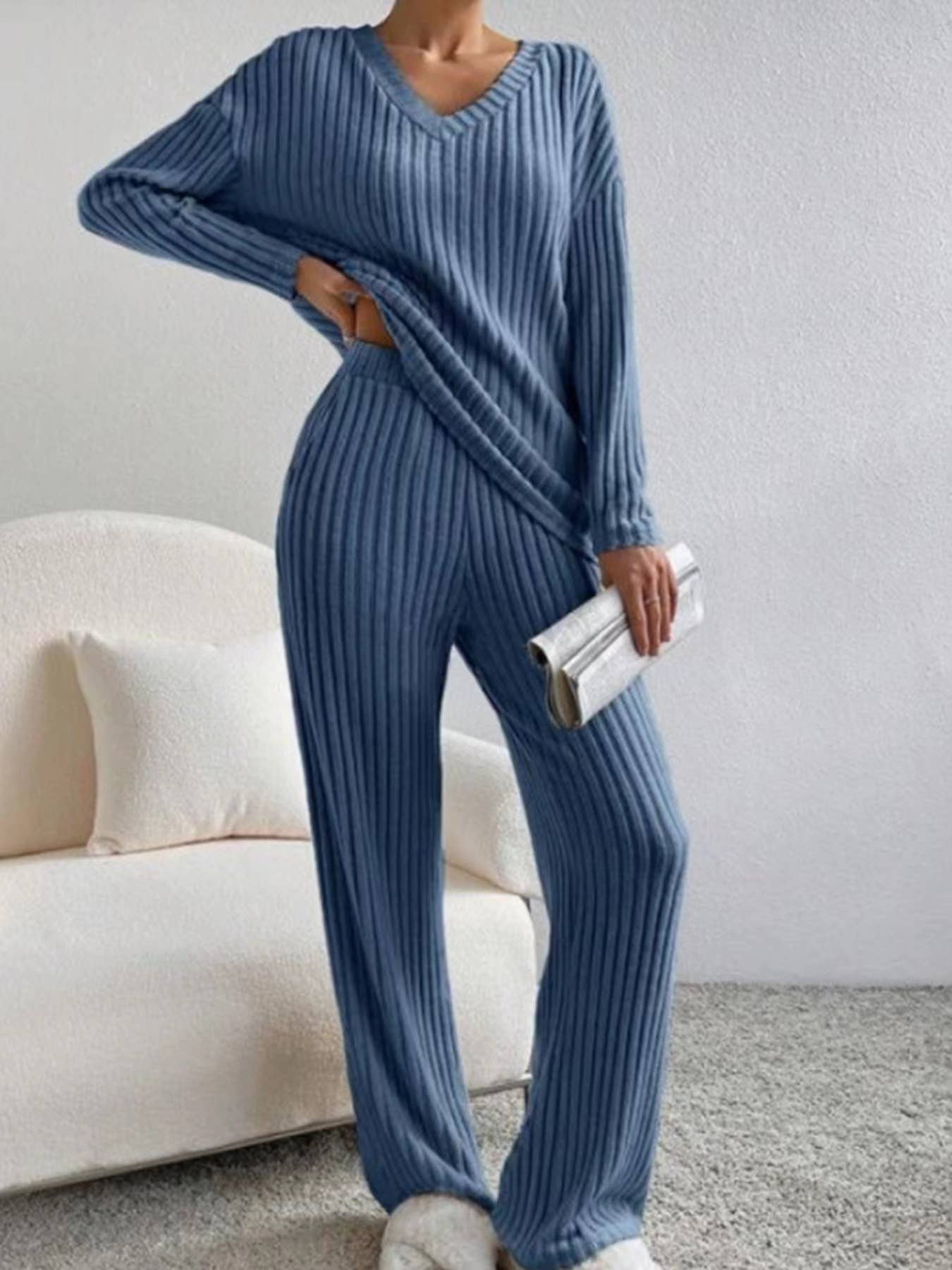 HIDDENBRAND - Wholesale Sleepwear Set - Women's - Ribbed Knit Long Sleeve Lounge Pajama Set5