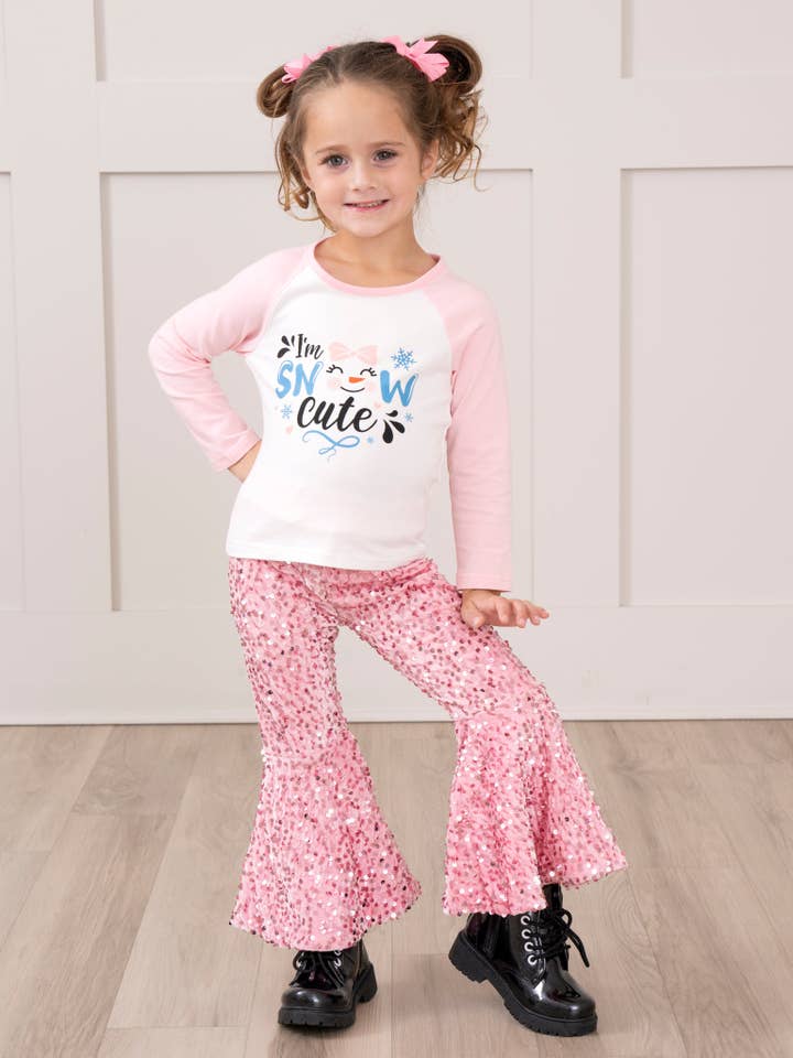 Marie Nicole Clothing - Wholesale Top & Pant Set - Kids - Pink "Snow Cute" Sequin Bell Bottoms Outfit