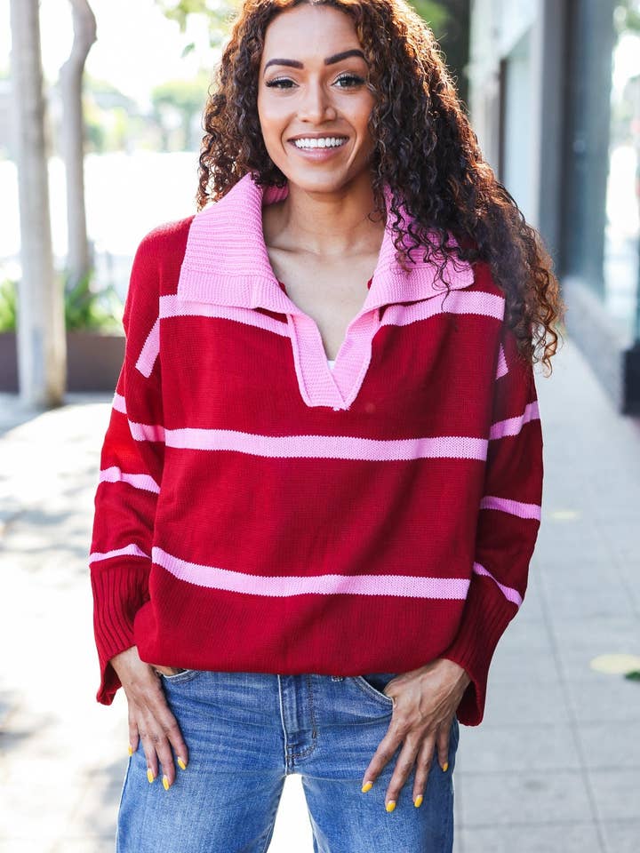 Promenade - Wholesale Pullover-trui - Dames - Fall For You oversized trui met karmozijnrode strepen en inkepingen en kraag (open verpakking)6