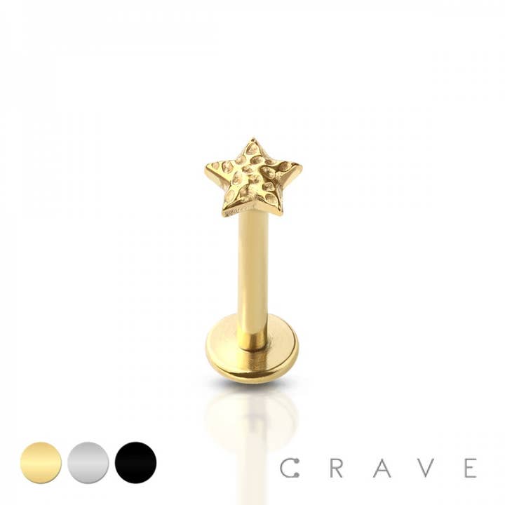 INTERNALLY THREADED HAMMERED STAR TOP 316L SS LABRET for wholesale by CRAVE BODY JEWELRY