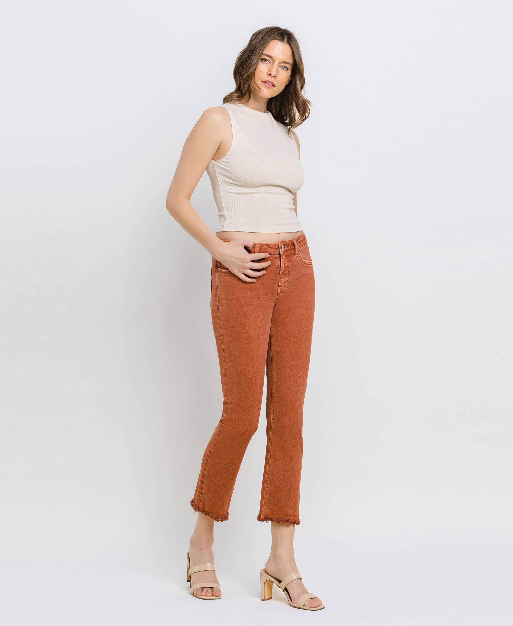 BAKED CLAY MID RISE FRAYED HEM CROP SLIM STRAIGHT JEANS V3500BKC for wholesale on Faire11