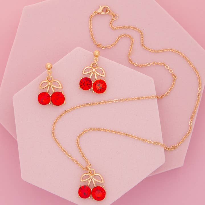 Crystal Embellished Cherry Pendant Necklace and Earring Set for wholesale by SP Sophia Collection