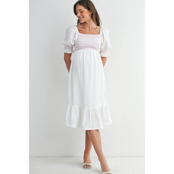 Smocked Square Neck Puff Sleeve Maternity Midi Dress for wholesale by Hello Miz
