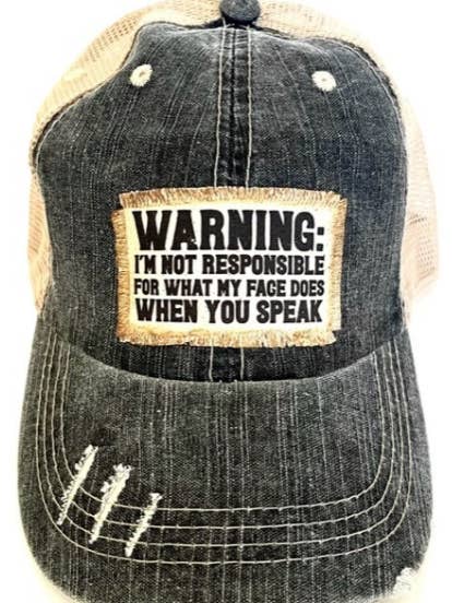 "WARNING I'M NOT RESPONSIBLE'" DISTRESSED TRUCKER HAT(#204) for wholesale by Jana's Flannels