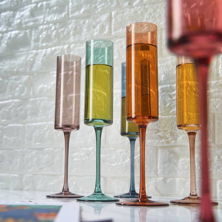 The Wine Savant / Khen Glassware – wholesale Champagne flute – Khen Muted Rainbow Champagne Flute Stemmed Glasses Set of 6