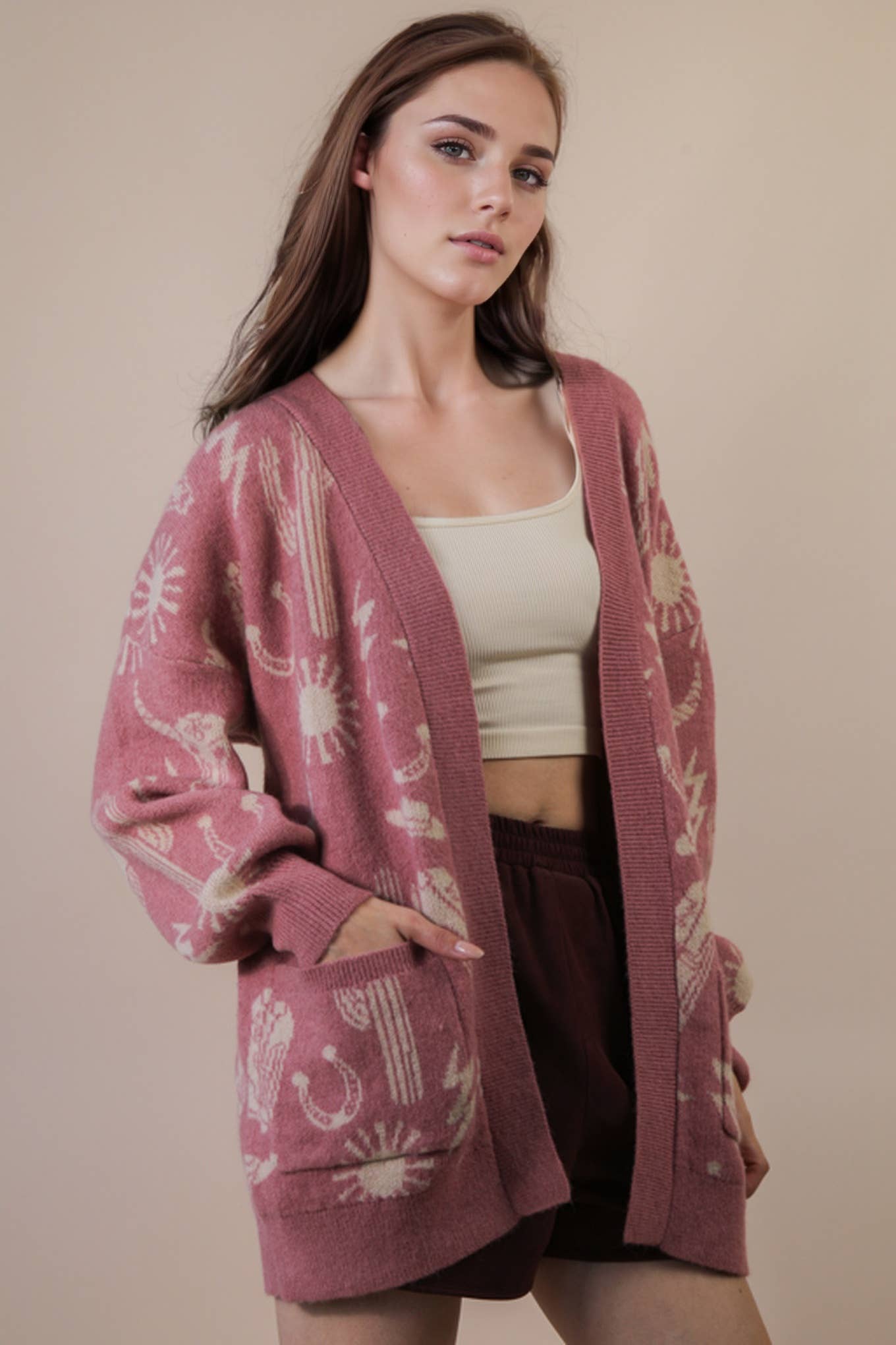 VERY J - Wholesale Cardigan - Dames - 12W3393N-Oversized Western Graphic Gebreide Trui Vest1