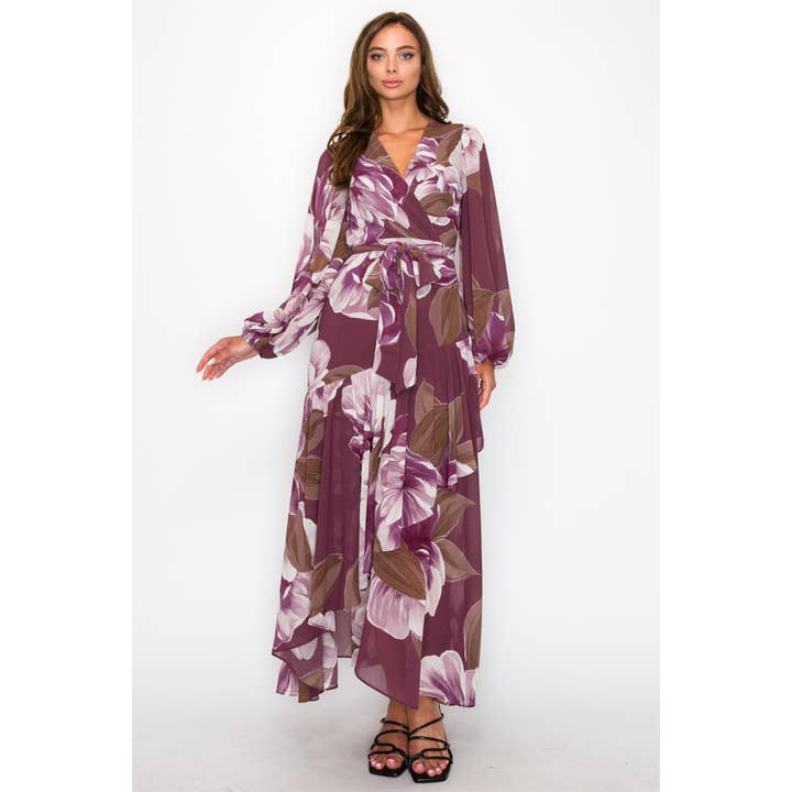 HYFVE - Wholesale Dress - Women's - CHIFFON FLORAL LONG SLEEVE WRAP V-NECK MAXI DRESS8