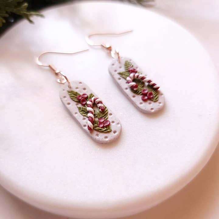Foxy Method - Wholesale Dangle Earrings - Winter Candy Cane Holly Leaf Christmas Clay Dangle Earrings1