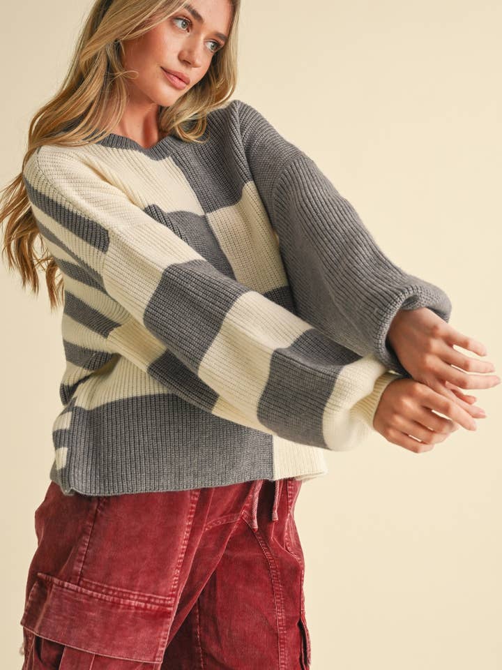 &MERCI - Wholesale Knit Sweater - Women's - OVERSIZED MIXED COLOR BLOCK SWEATER MSW1068114