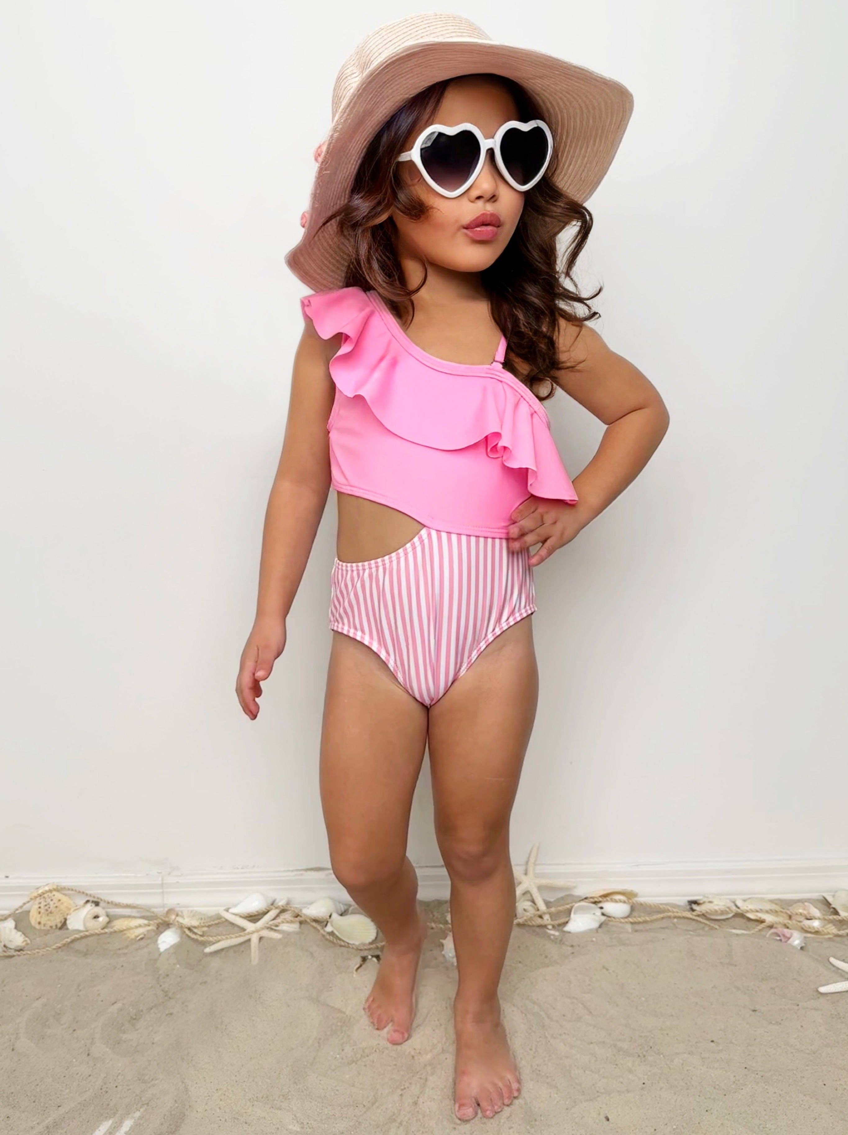 Pink Swimsuit w/ Stripe Details, Cut-Outs, & Ruffles for wholesale on Faire1