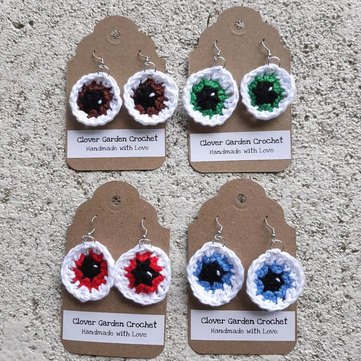 Crochet Cotton Eye Eyeball Design Drop Earrings for wholesale by Clover Garden Crafts