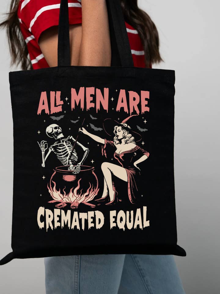 All Men Are Cremated Equal Tote Bag for wholesale by Hilarious Humanitarian