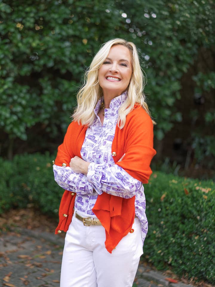 LeGare Popover Top Clemson Toile Purple & White for wholesale by Pittypat's Clothing Co.