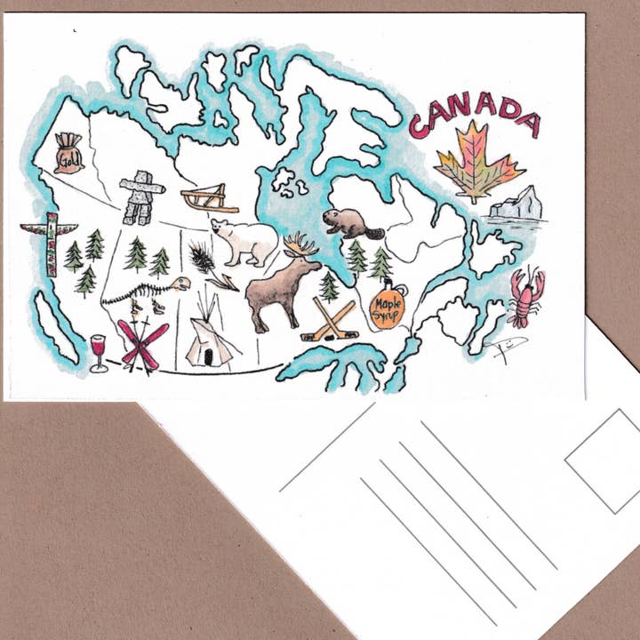 Carte postale dessinée à la main de la carte du Canada, carte artistique souvenir canadien pour la vente par Pegmeisterart