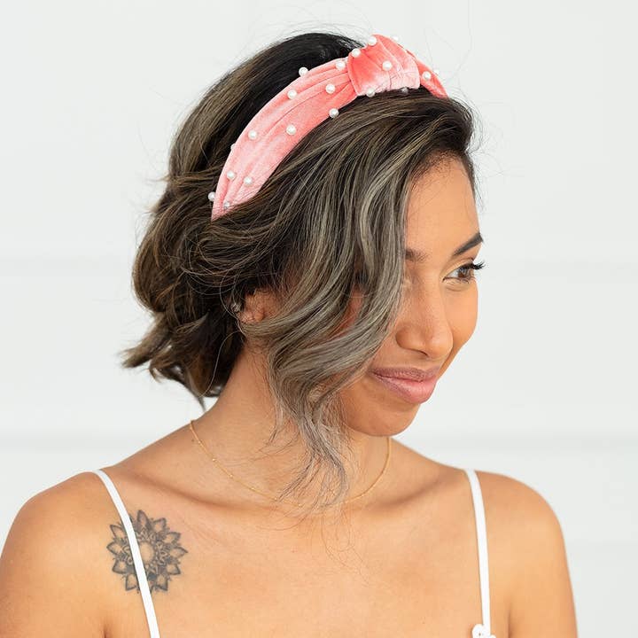 Weddingstar Inc. - Wholesale Fashion Headband - Women's - Wide Velvet & Pearl Knot Headband - Blush Pink