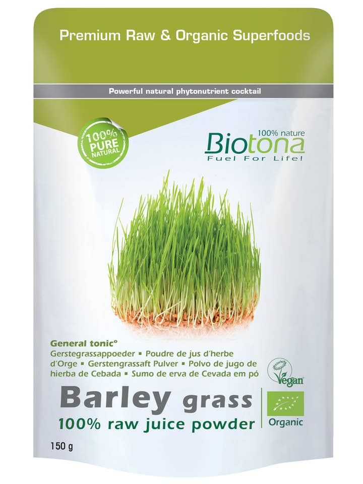 Polvere di succo crudo al 100% di erba d’orzo biologica — 150 g per la vendita all'ingrosso da parte di Biotona