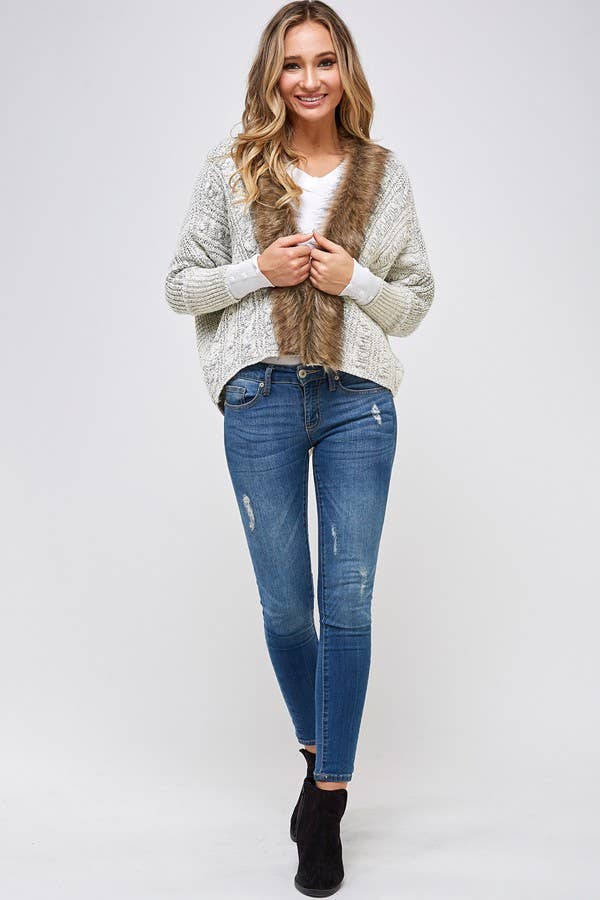 LT Grey PLUS Dolman sleeve cardigan with fur detail for wholesale on Faire8