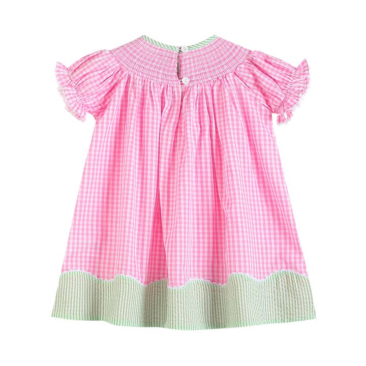 Lil Cactus - Wholesale Dress - Kids - Pink Gingham Bunnies Smocked Bishop Dress