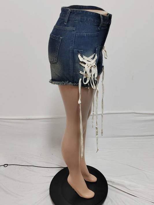 BLUE shoe lace stretch denim shorts for wholesale on Faire7