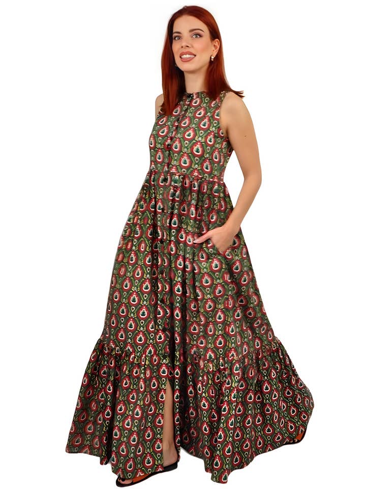 Vestido maxi artesanal con botones y estampado geométrico para venta al por mayor de Kalimera Clothing Athens