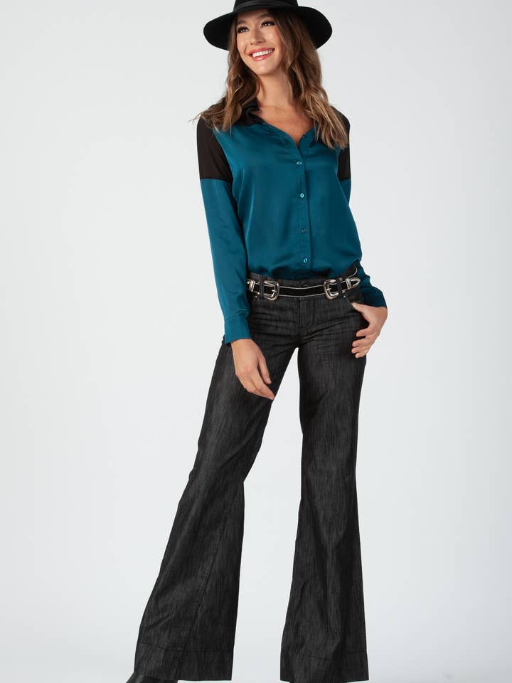 Camisa brilhante com botão Holiday Button down color block por atacado de Lucca Couture