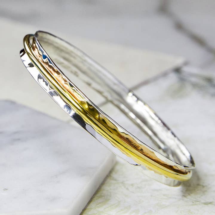 Cone Gold Hammered Silver Bangle for wholesale by Otis Jaxon London